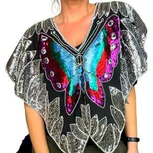 Vintage Inspired Sequin Butterfly 70s Shimmer Top